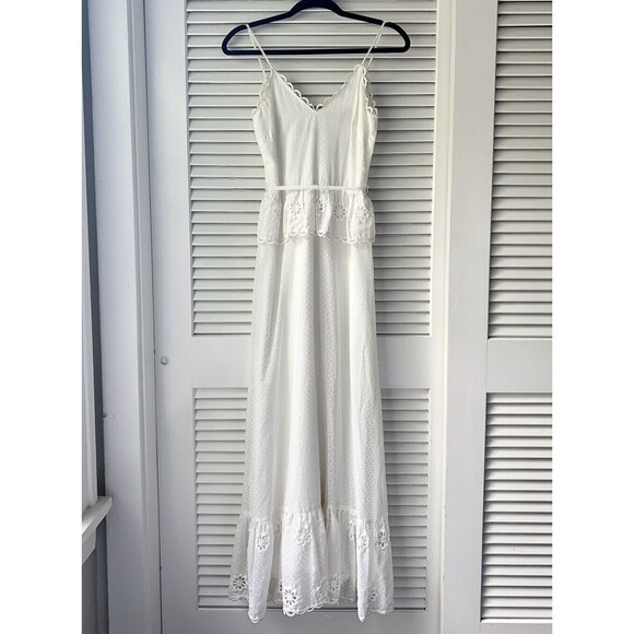 Vintage 1970s 70s White Polka Dot Embroidered Daisy Maxi Peplum Dress XS Boho - Picture 2 of 7